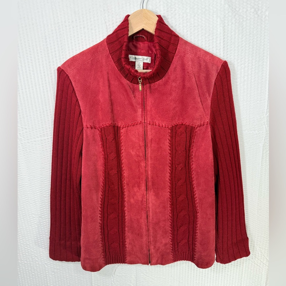 Coldwater Creek Womens Red Leather Cable Knit Mock Neck Sweater Jacket Size L